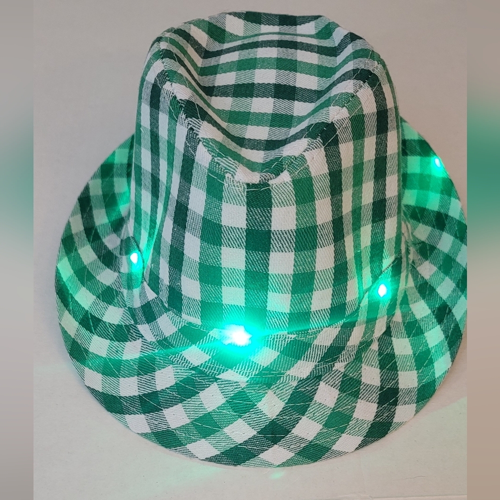 Green White Checkered Plaid Striped Light Up Fedora Hat Lighted